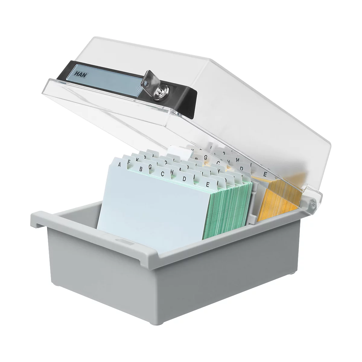 Boîte à fiches HAN, plastique, format A7, avec couvercle verrouillable, gris