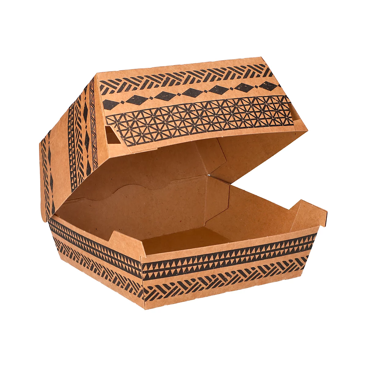 Boîte à burger marron ouverte avec motif de bande décorative noire.