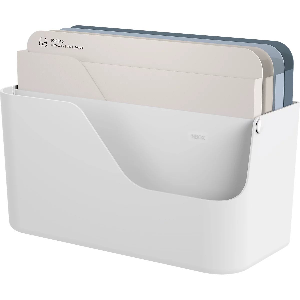 Boîte à lettres Rotho My Paper, 5 compartiments pour documents de format A4, L 355 x P 162 x H 295 mm, PP et carton, blanc avec compartiments pour dossiers bleus