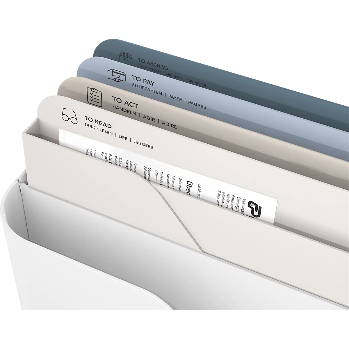 Boîte à lettres Rotho My Paper, 5 compartiments pour documents de format A4, L 355 x P 162 x H 295 mm, PP et carton, blanc avec compartiments pour dossiers bleus