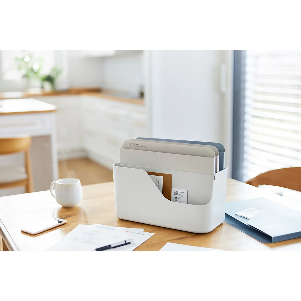 Boîte à lettres Rotho My Paper, 5 compartiments pour documents de format A4, L 355 x P 162 x H 295 mm, PP et carton, blanc avec compartiments pour dossiers bleus