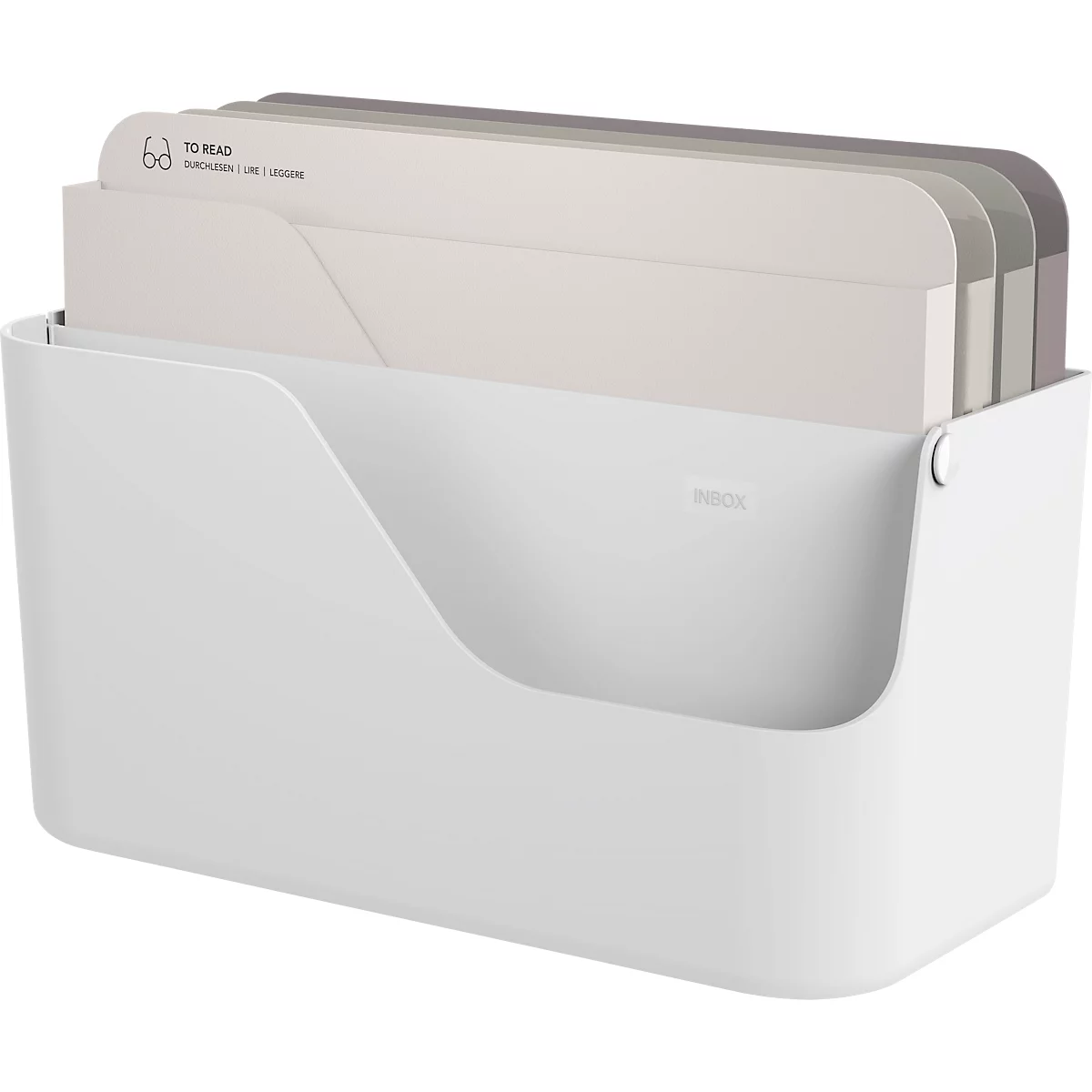 Boîte à lettres Rotho My Paper, 5 compartiments pour documents de format A4, L 355 x P 162 x H 295 mm, PP et carton, blanc avec compartiments pour dossiers gris
