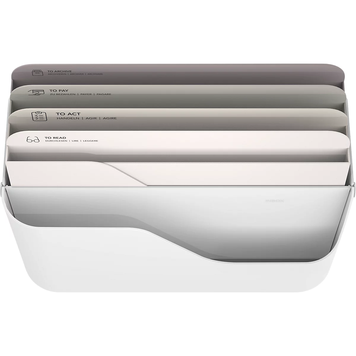 Boîte à lettres Rotho My Paper, 5 compartiments pour documents de format A4, L 355 x P 162 x H 295 mm, PP et carton, blanc avec compartiments pour dossiers gris