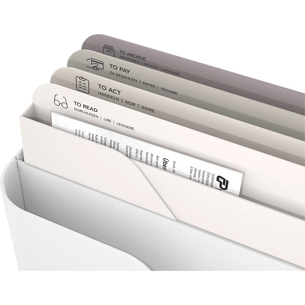Boîte à lettres Rotho My Paper, 5 compartiments pour documents de format A4, L 355 x P 162 x H 295 mm, PP et carton, blanc avec compartiments pour dossiers gris
