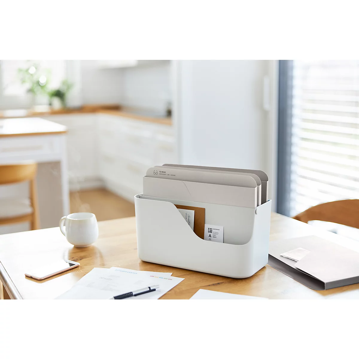 Boîte à lettres Rotho My Paper, 5 compartiments pour documents de format A4, L 355 x P 162 x H 295 mm, PP et carton, blanc avec compartiments pour dossiers gris