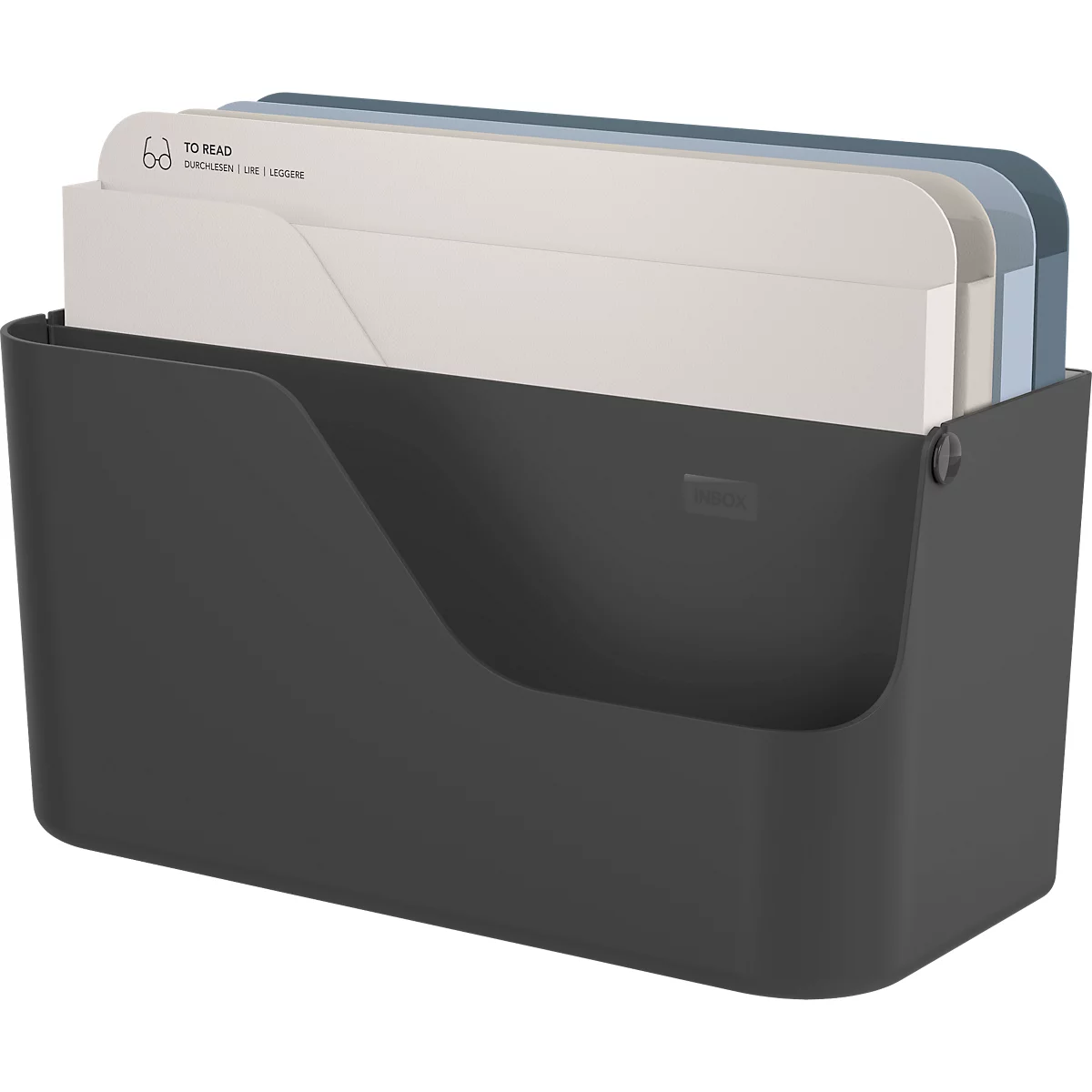 Boîte à lettres Rotho My Paper, 5 compartiments pour documents de format A4, L 355 x P 162 x H 295 mm, PP et carton, noir avec compartiments pour dossiers bleus