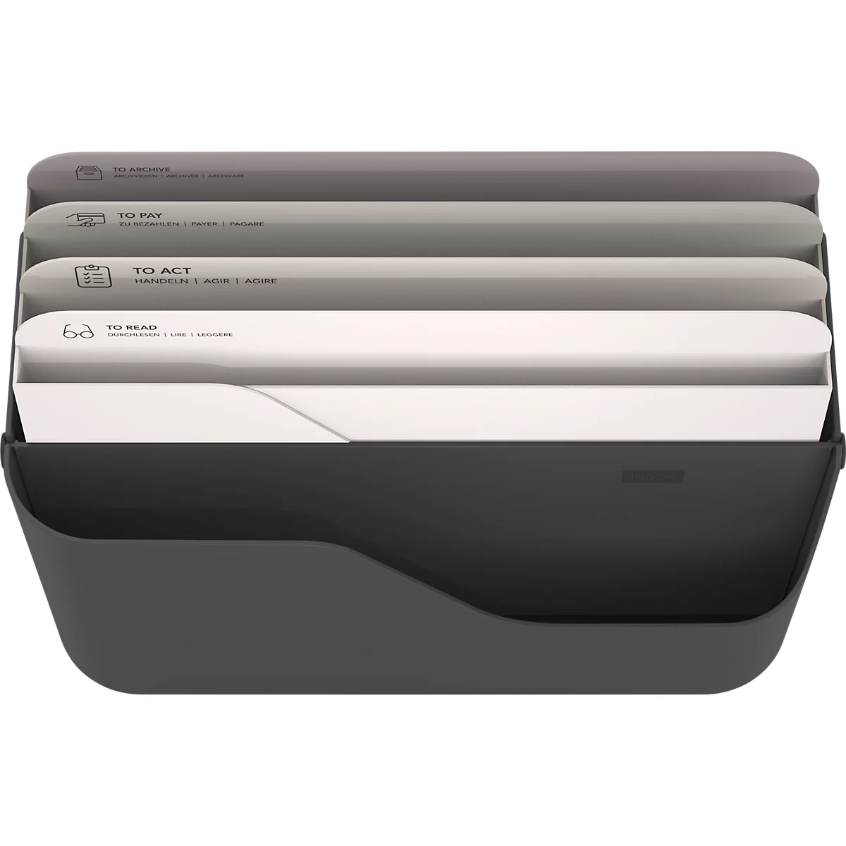 Boîte à lettres Rotho My Paper, 5 compartiments pour documents de format A4, L 355 x P 162 x H 295 mm, PP et carton, noir avec compartiments pour dossiers gris