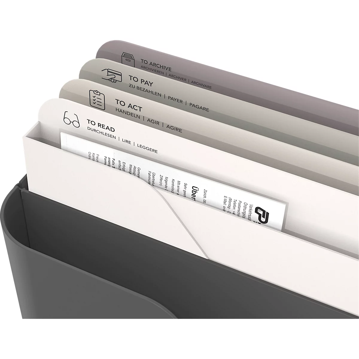 Boîte à lettres Rotho My Paper, 5 compartiments pour documents de format A4, L 355 x P 162 x H 295 mm, PP et carton, noir avec compartiments pour dossiers gris