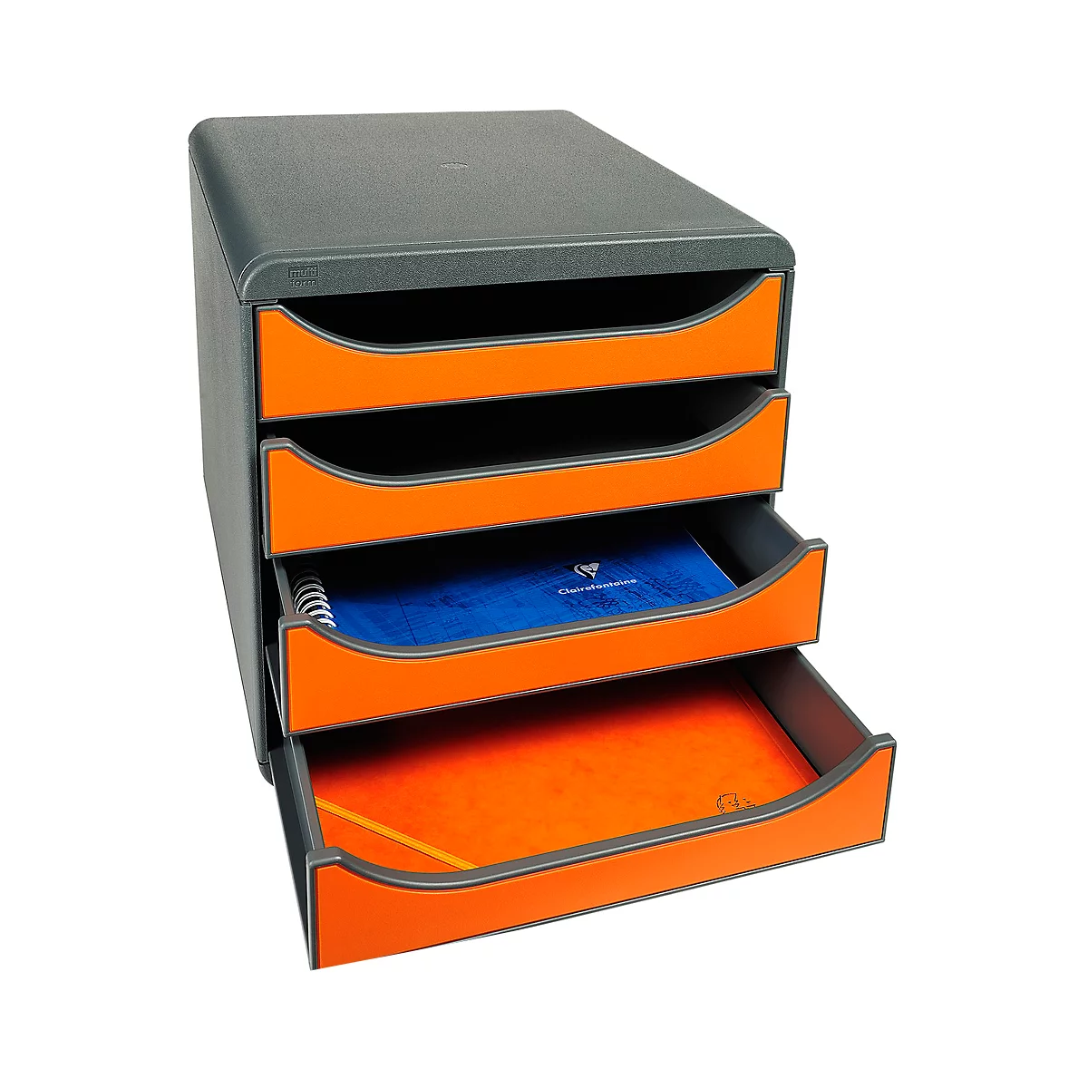Trieur à papier gris à trois niveaux avec tiroirs orange. En haut se trouve un cahier bleu ouvert.