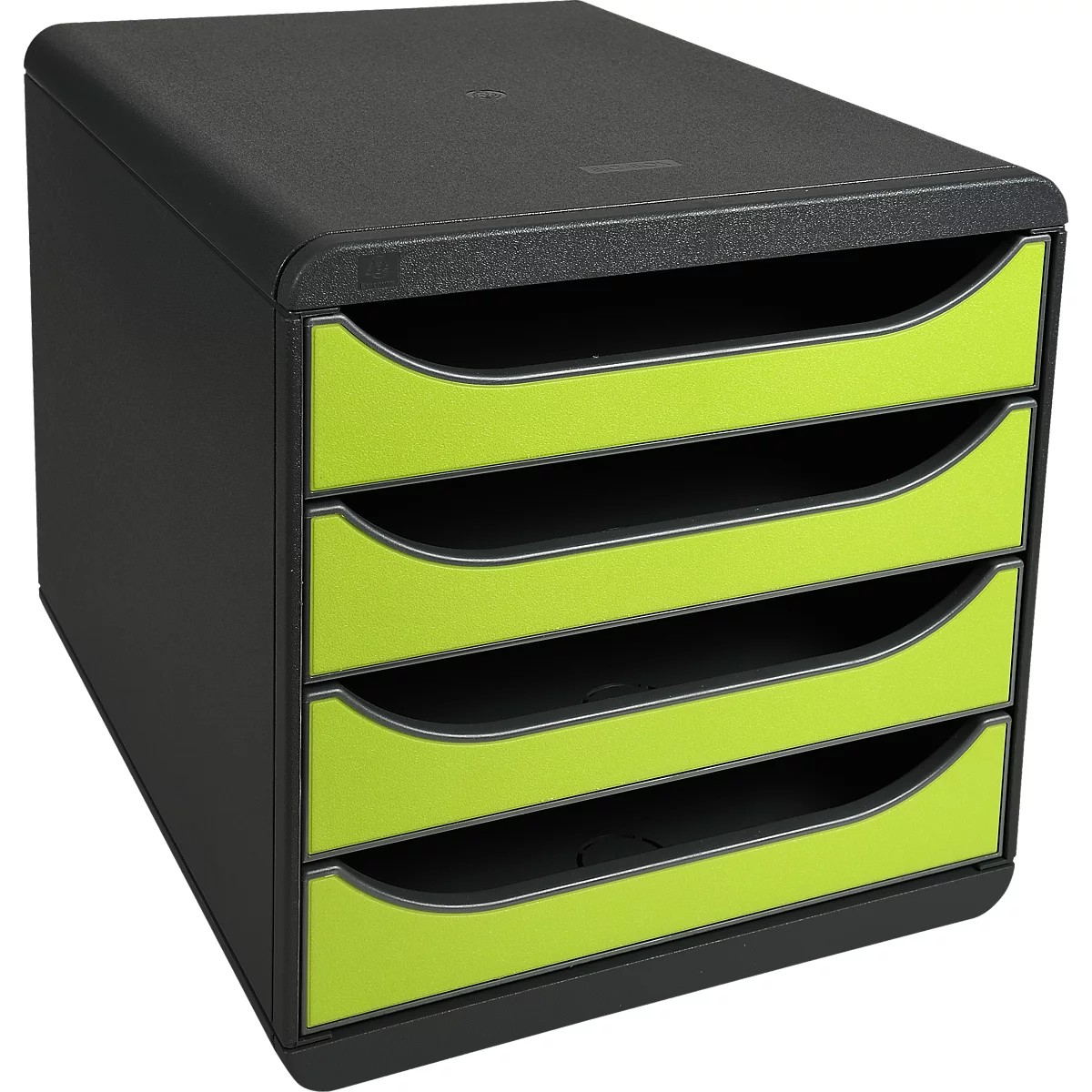 Organisateur de documents noir avec quatre tiroirs vert-jaune.
