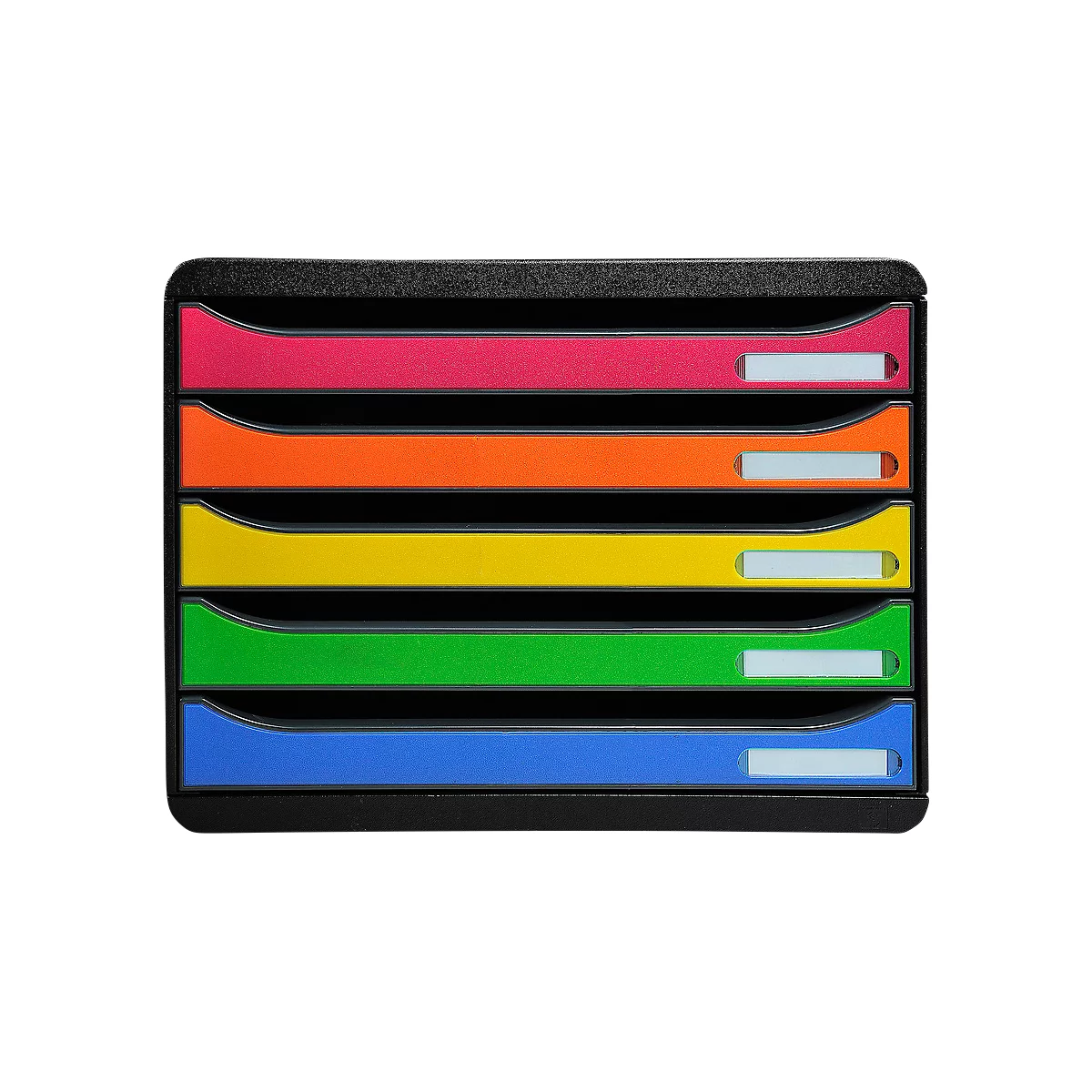Boîte à tiroirs BIG-BOX PLUS HORIZON QUER, A4+, 5 tiroirs semi-ouverts avec butée de sortie, poignée encastrée et porte-étiquettes, étiquettes, Ange Bleu, arlequin