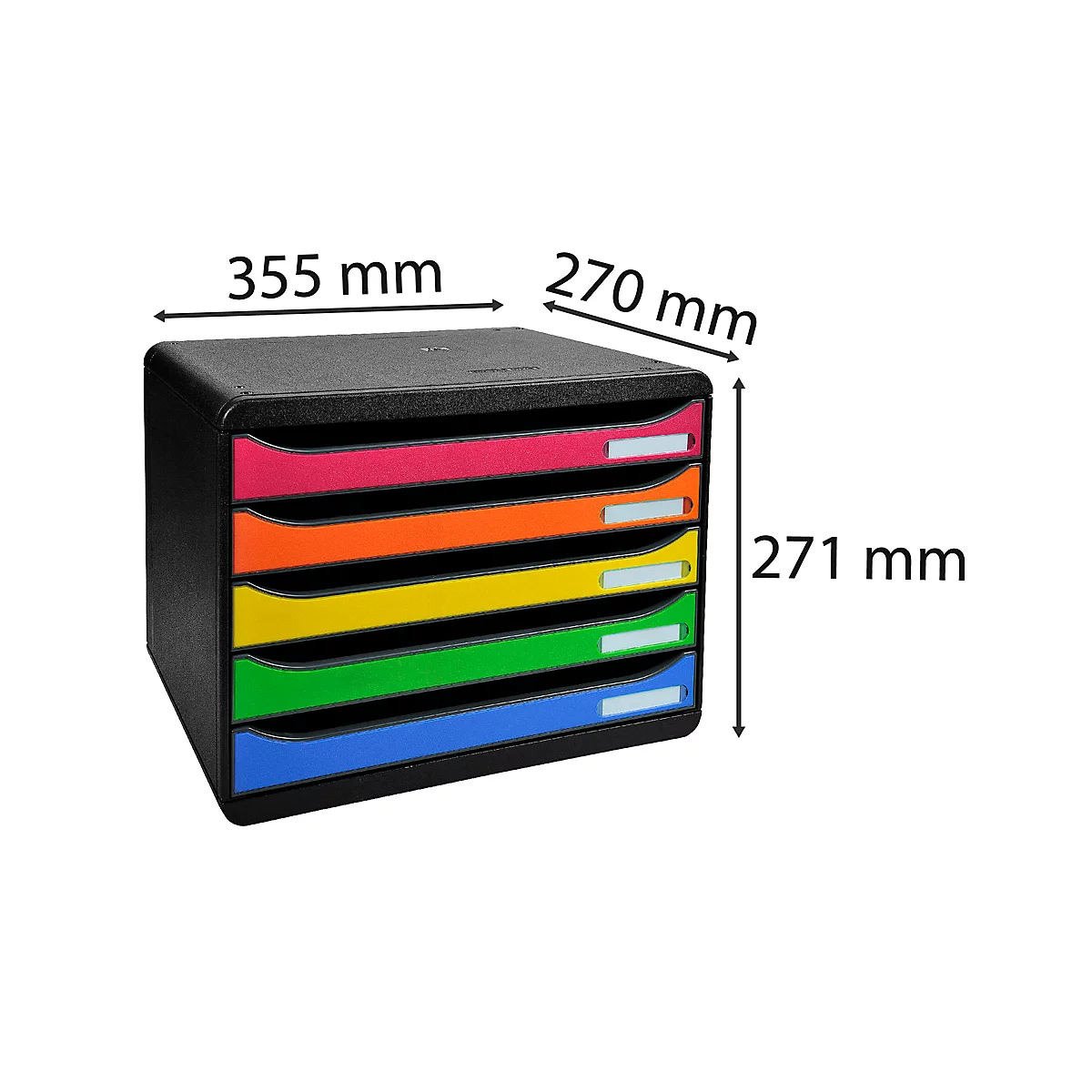 Boîte à tiroirs BIG-BOX PLUS HORIZON QUER, A4+, 5 tiroirs semi-ouverts avec butée de sortie, poignée encastrée et porte-étiquettes, étiquettes, Ange Bleu, arlequin