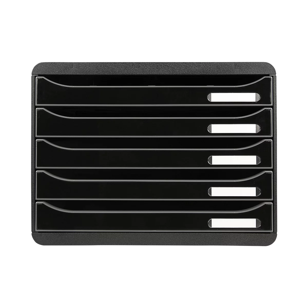 Boîte à tiroirs BIG-BOX PLUS HORIZON QUER, A4+, 5 tiroirs semi-ouverts avec butée de sortie, poignée encastrée et porte-étiquettes, étiquettes, Ange Bleu, noir
