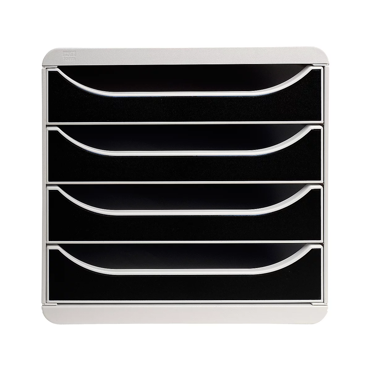 Bac à lettres gris clair avec quatre compartiments noirs. Chaque compartiment a une ouverture arquée.