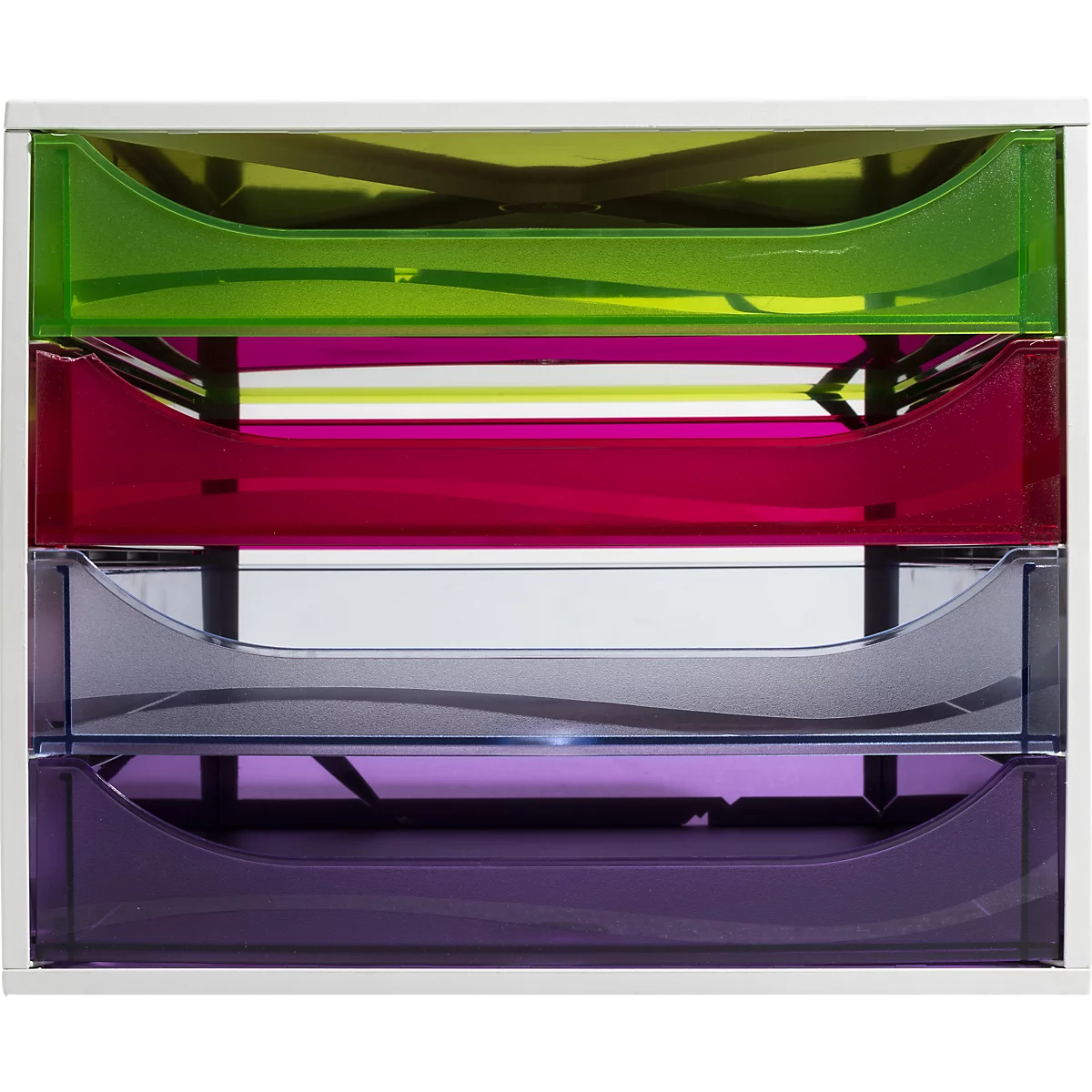 Système de classement multicolore avec quatre tiroirs transparents. Vert, rose, gris, violet. Cadre blanc.