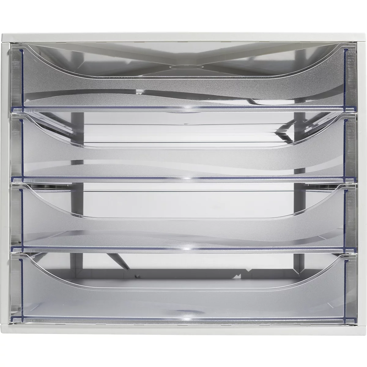 Système de classement de bureau multicouche en plastique, avec quatre tiroirs.