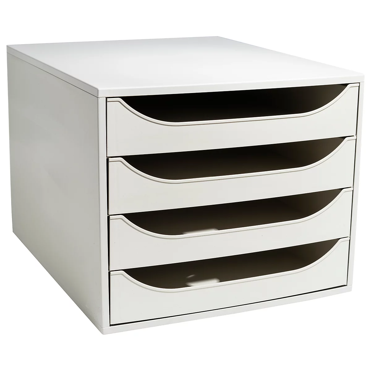 Commode blanche à quatre tiroirs. Les tiroirs ont une forme incurvée.