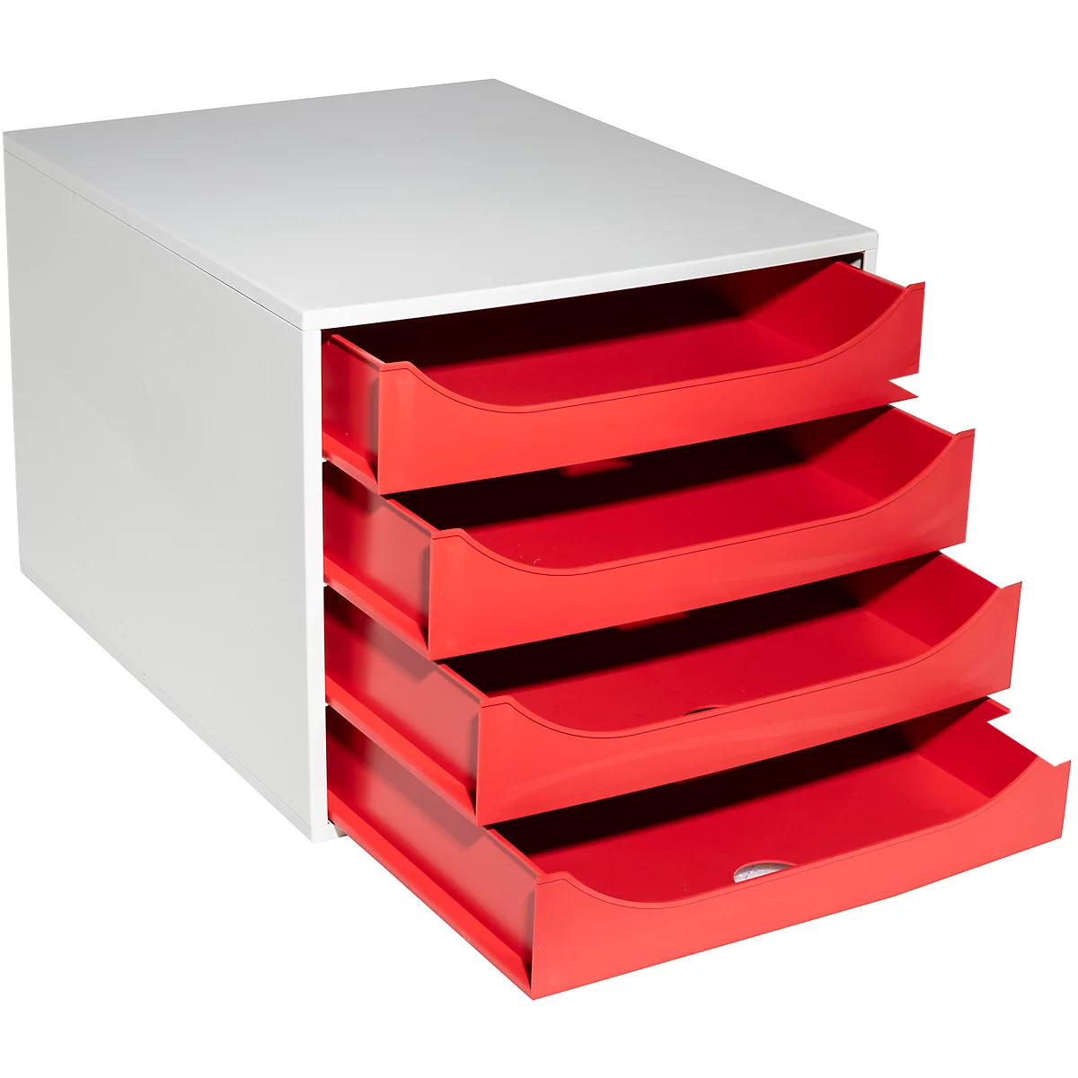 Unité de rangement blanche avec quatre tiroirs rouges, légèrement ouverts.
