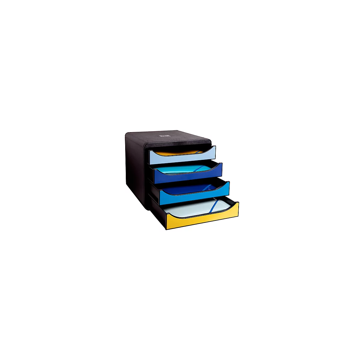 Boîte à tiroirs Exacompta BEE BLUE Big Box, pour format A4+, 4 tiroirs multicolores &amp; semi-ouverts avec butée d'arrêt &amp; poignée encastrée, PS, noir