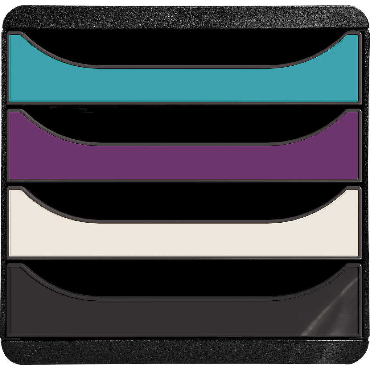 Système de rangement de bureau noir à quatre tiroirs de différentes couleurs : turquoise, violet, blanc et noir.