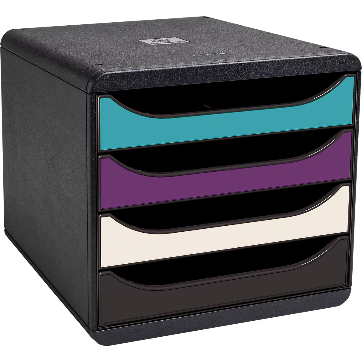 Caisson à tiroirs noir avec quatre tiroirs colorés en bleu, violet, crème et marron foncé.
