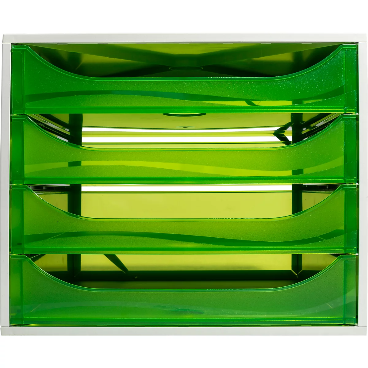 Organisateur de bureau avec quatre tiroirs verts transparents dans un cadre blanc.
