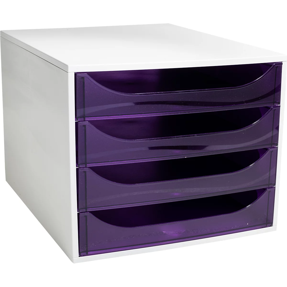 Caisson à tiroirs blanc avec quatre tiroirs violets translucides sur fond blanc.