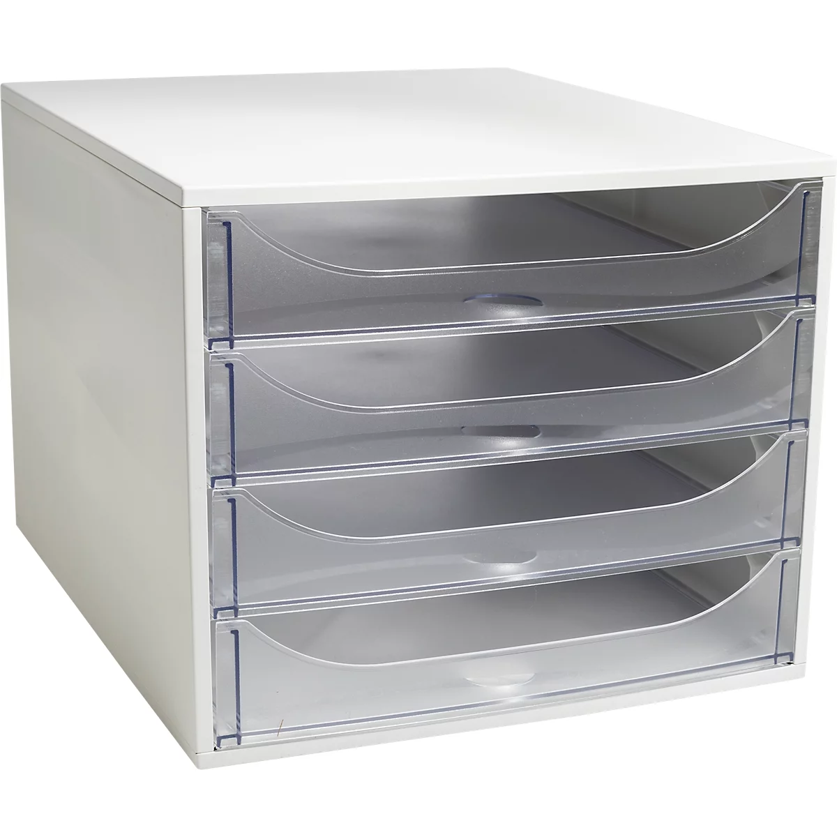Organisateur de bureau carré blanc avec quatre tiroirs en plastique transparent.