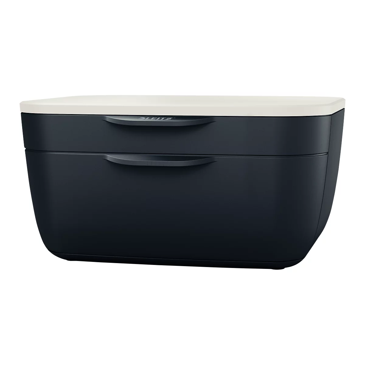 Boîte à lunch bleue avec couvercle crème. Deux poignées, inscription 'Leitz'.