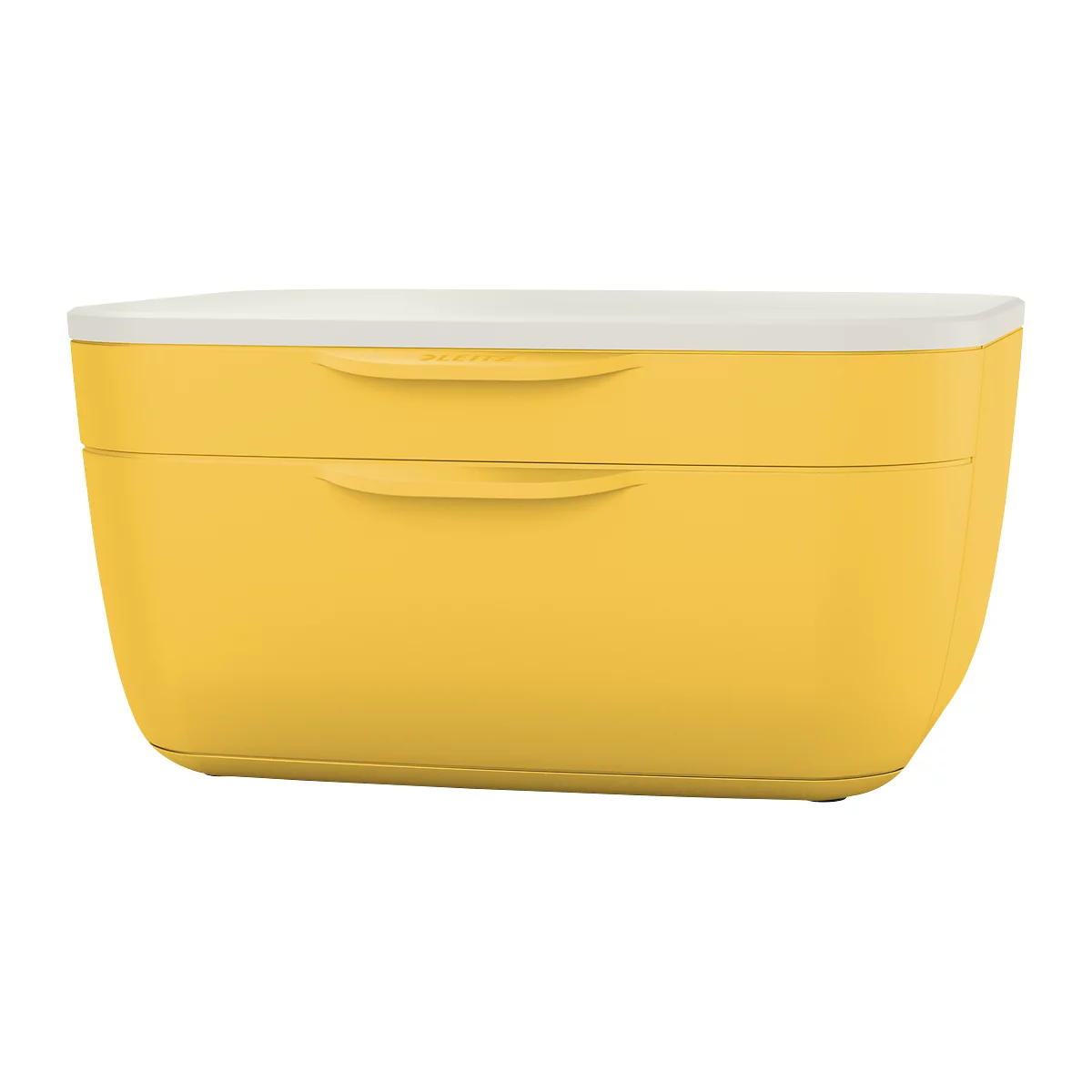 Boîte jaune avec couvercle blanc, avec poignées.