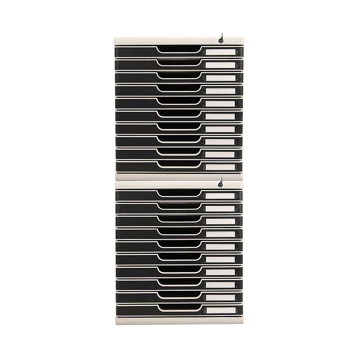 Boîte à tiroirs MODULO, format A4+, 10 tiroirs verrouillables, fermée, poignée encastrée &amp; porte-étiquette, 2 clés, plastique, gris