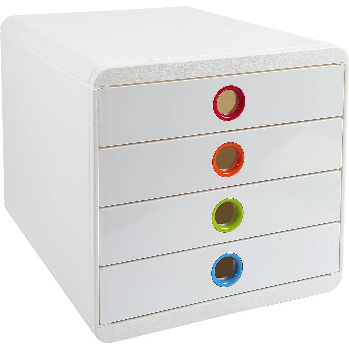 Organisateur de bureau blanc avec quatre tiroirs. Chaque tiroir a une poignée colorée : rouge, orange, vert et bleu.