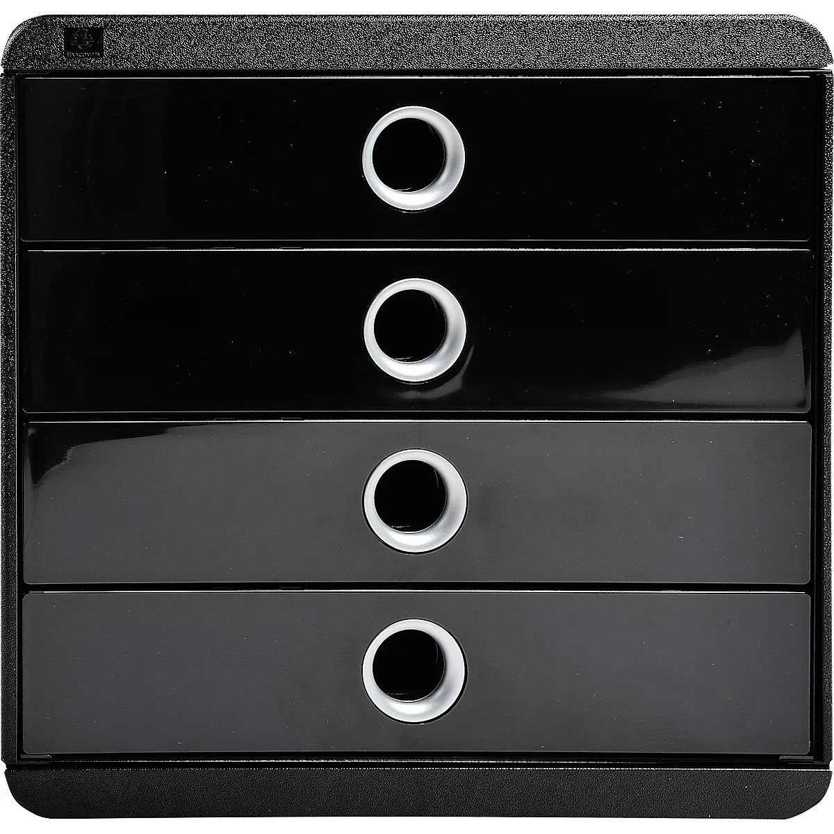 Armoire à tiroirs noire avec quatre compartiments. Chaque compartiment a une poignée ronde avec une surface intérieure blanche.