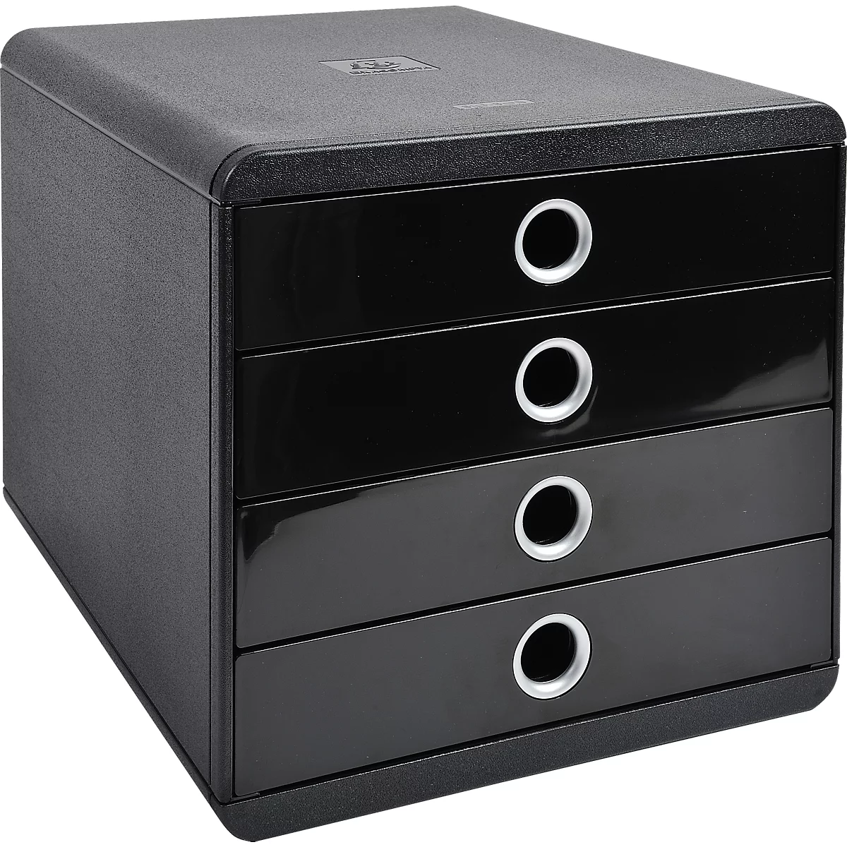 Tour de tiroirs noire avec 4 tiroirs et poignées argentées.