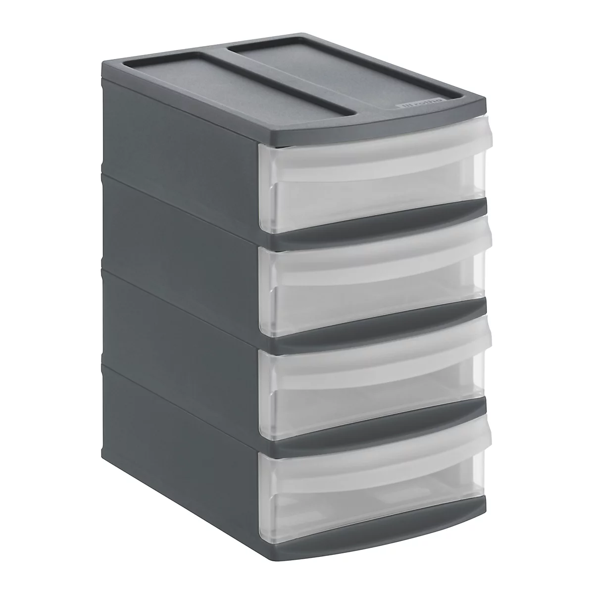 Boîte à tiroirs Rotho SYSTEMIX TOWER XS, 4 tiroirs fermés format A6, poignées encastrées, empilable, L 196 x l 141 x H 233 mm, PP, anthracite-transparent