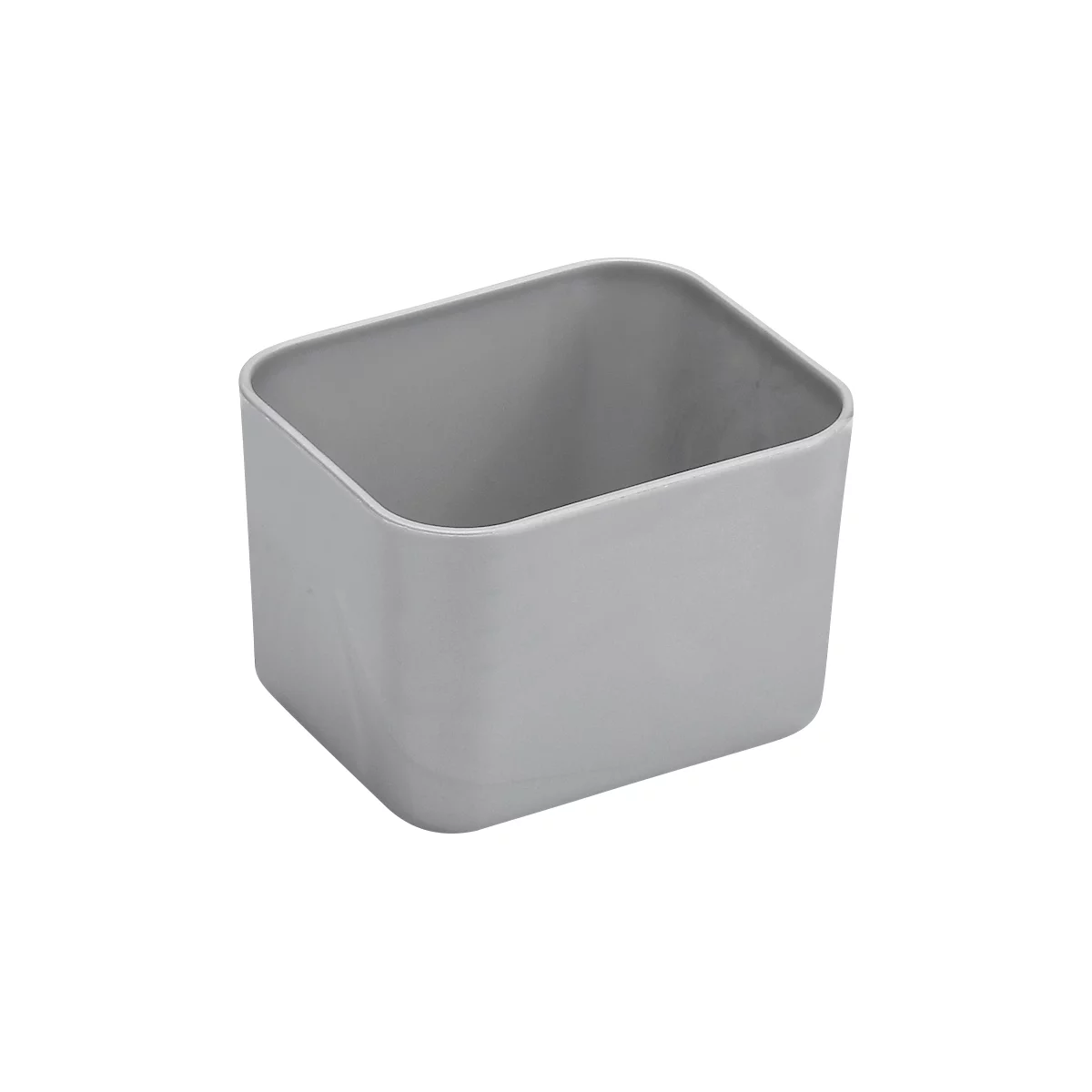 Boîte de rangement rectangulaire grise avec des coins arrondis. Intérieur visible.