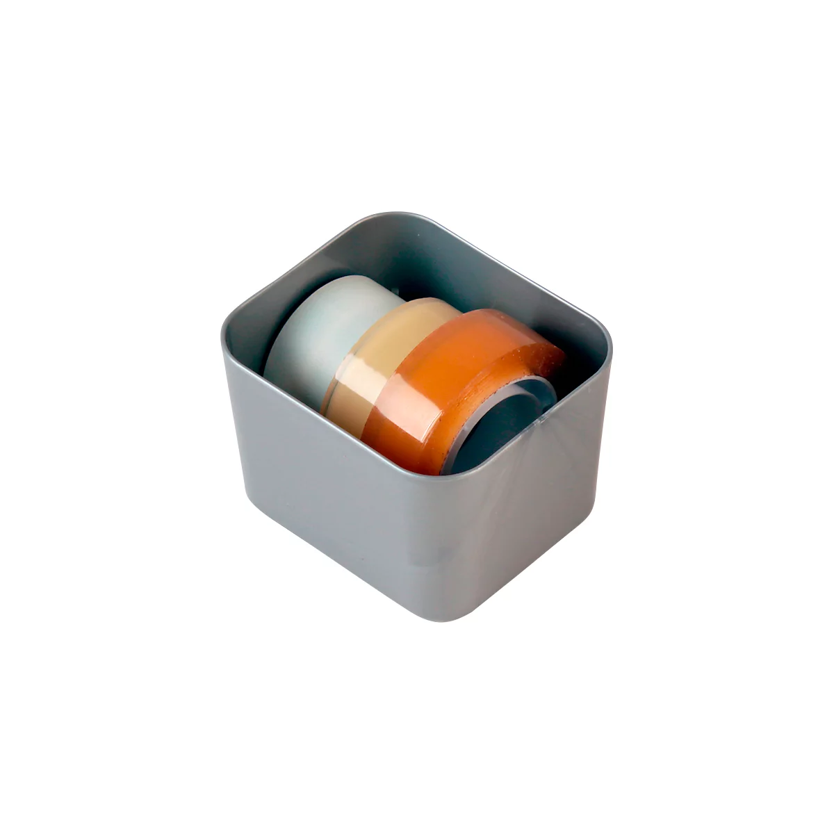 Contenant gris contenant trois rubans de différentes couleurs. Bleu clair, beige et orange.