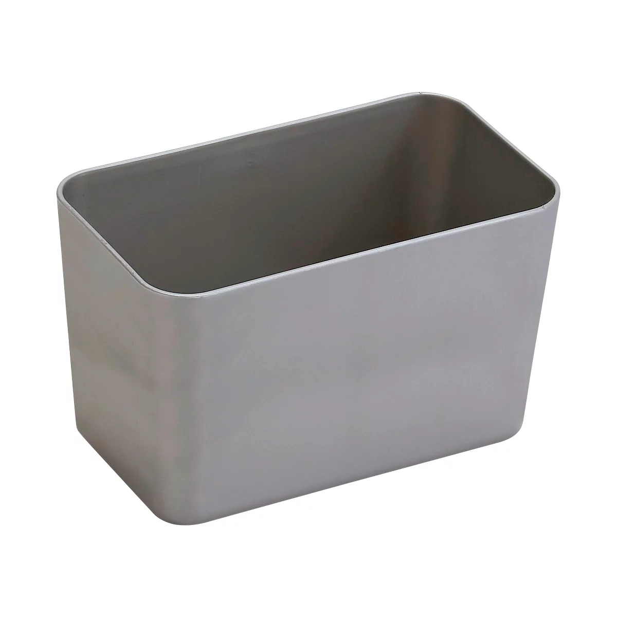 Boîte de rangement rectangulaire grise avec des coins arrondis.
