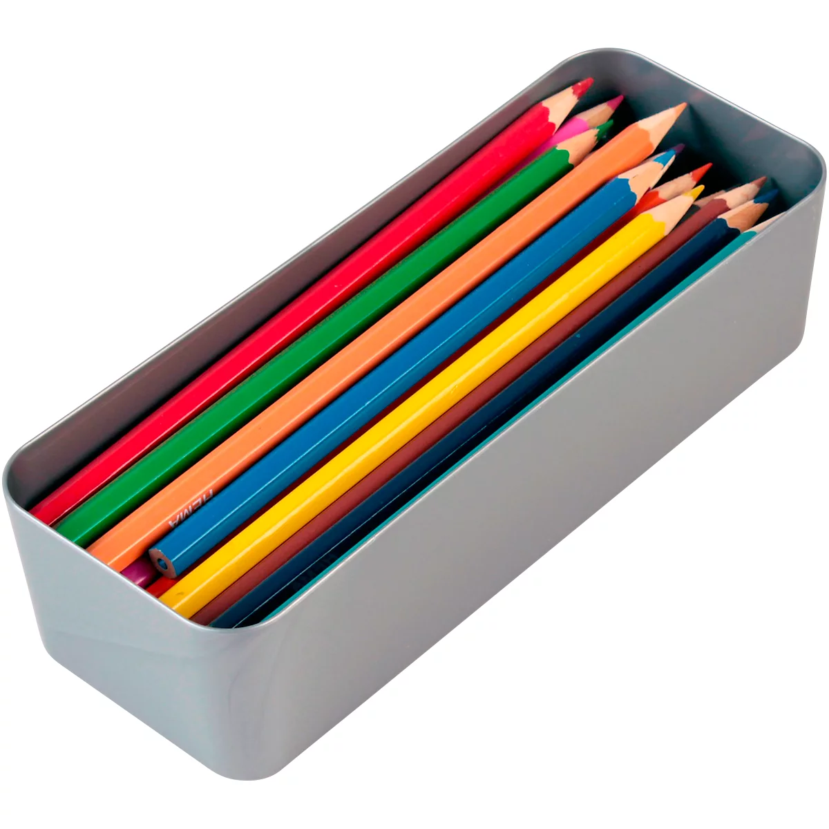 Pot à crayons gris avec des crayons de couleur. Différentes couleurs, disposées côte à côte.