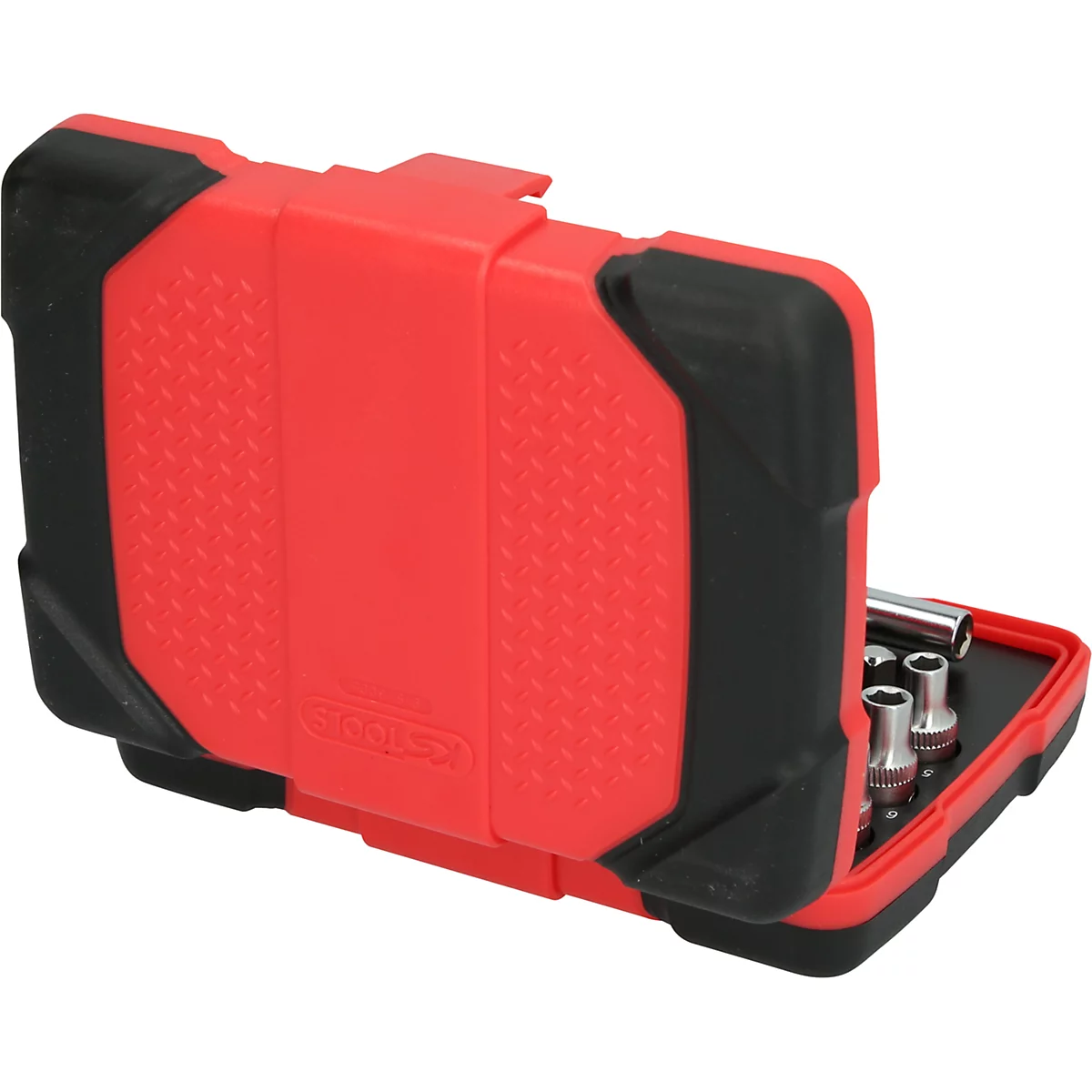 Boîte à outils rouge avec des accents noirs. Ouverte, avec quelques accessoires d'outils visibles.