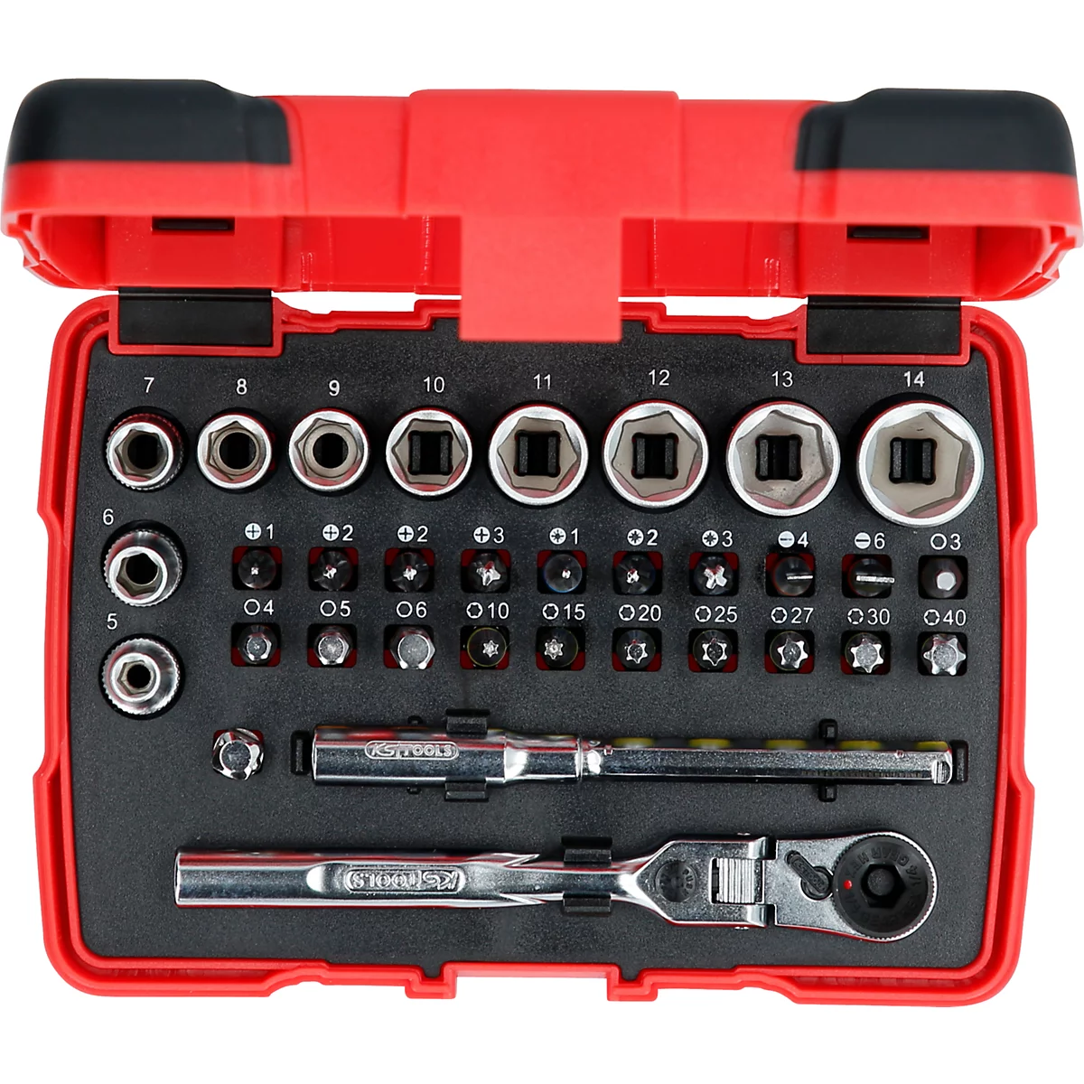 Boîte à outils rouge contenant des clés et des embouts de différentes tailles, disposés dans un insert noir.