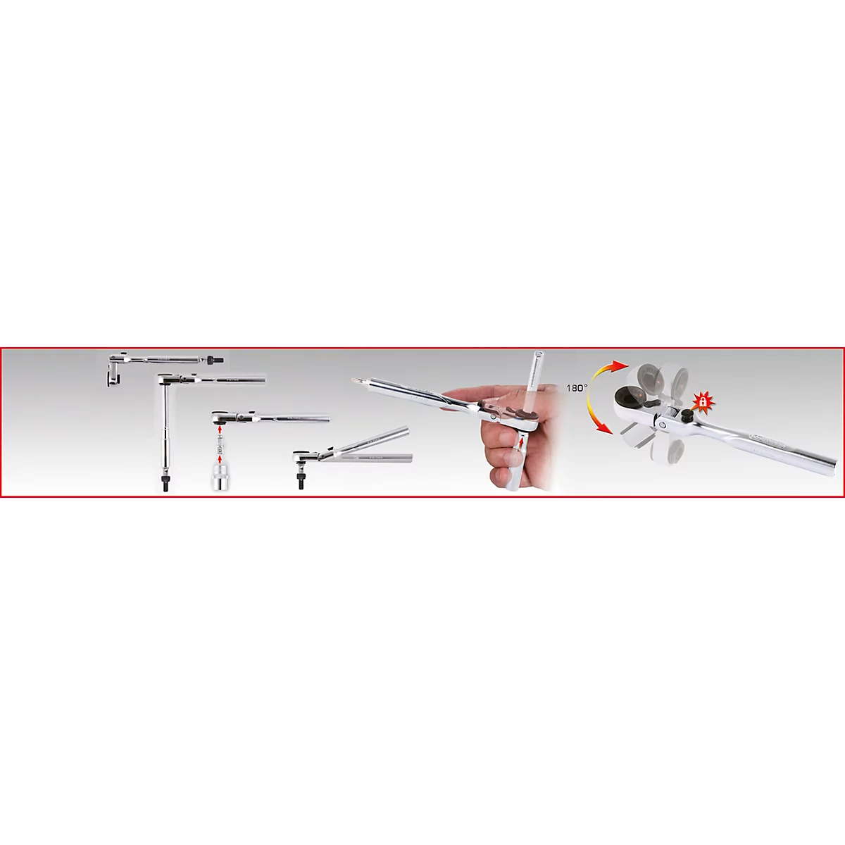 Illustration d'une clé à cliquet dans différentes positions. Main tenant une clé, affichage de l'angle et flèches rouges.