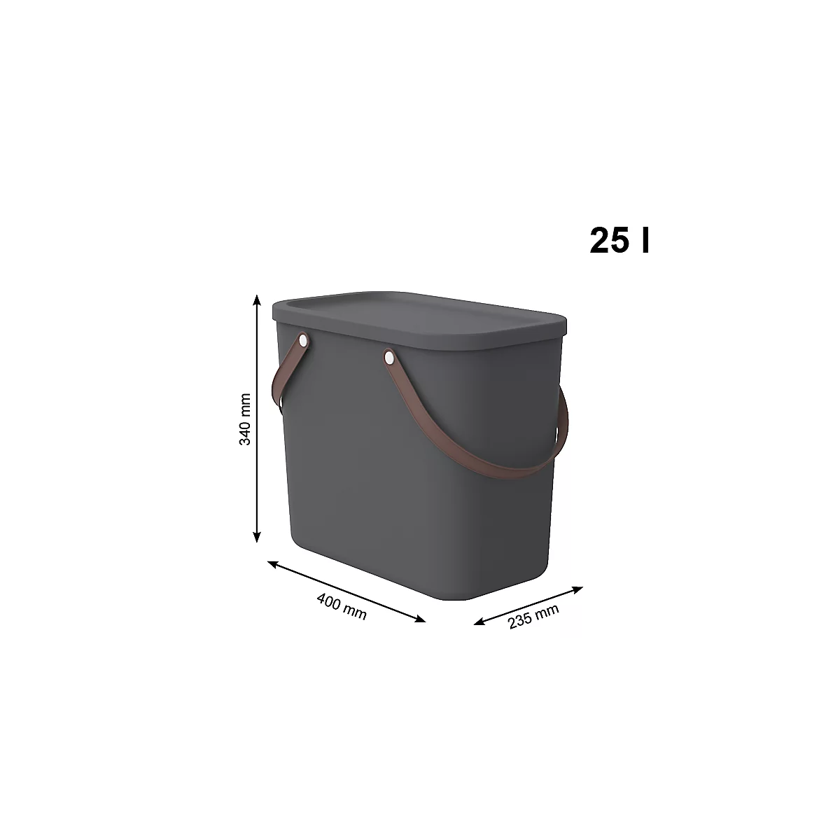 Boîte de rangement ALBULA, avec couvercle, 25 litres, poignée en arceau, empilable, en plastique recyclé, L 400 x P 235 x H 340 mm, anthracite
