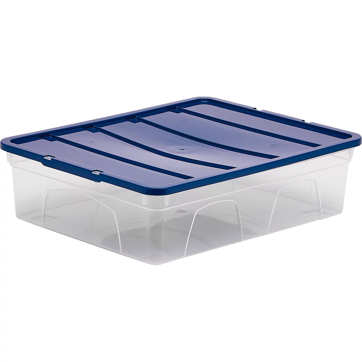 Boîte de rangement transparente avec couvercle bleu. Le couvercle est rainuré et est posé sur la boîte.