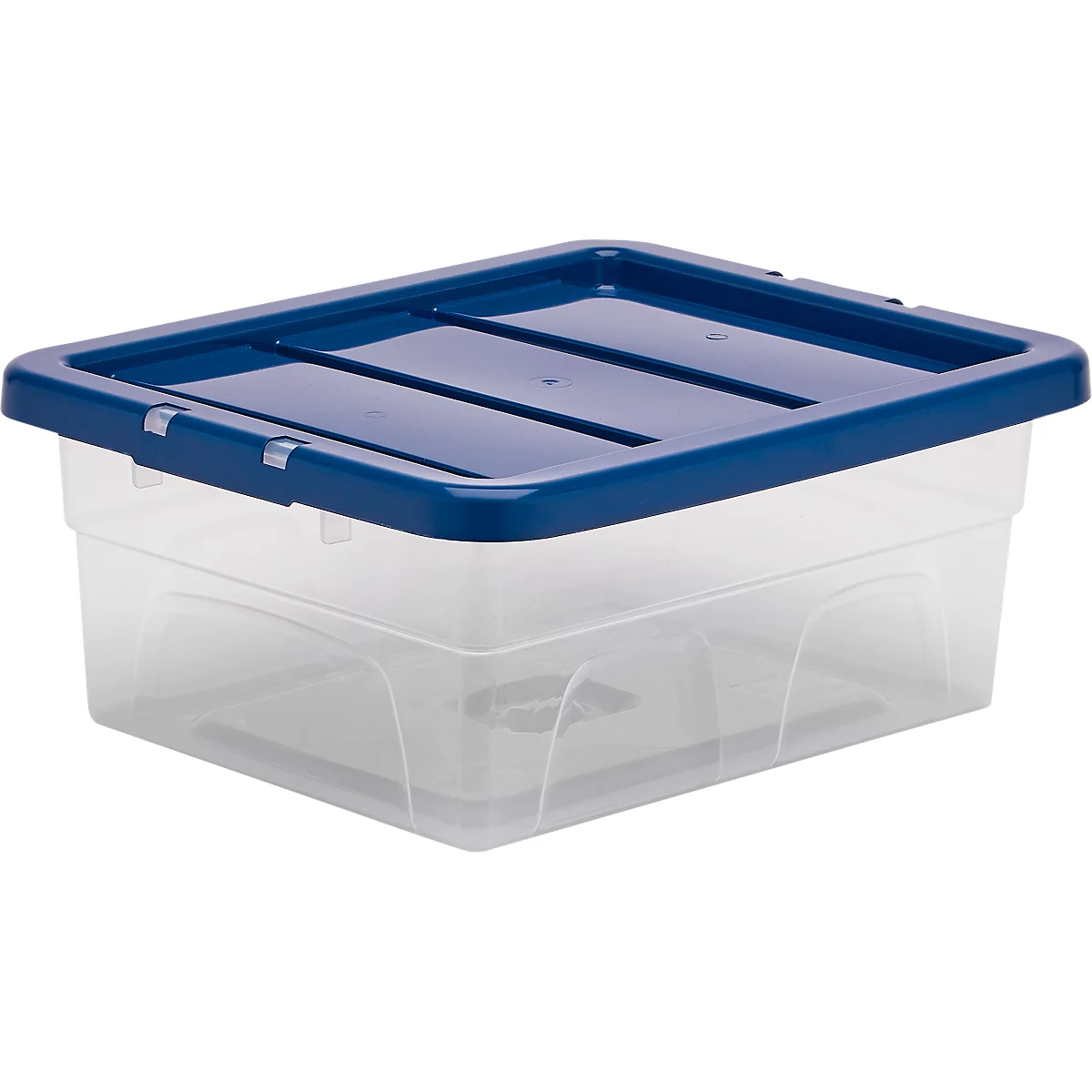 Boîte de rangement en plastique transparent avec un couvercle bleu. Le couvercle a des clips latéraux. Le fond est neutre.