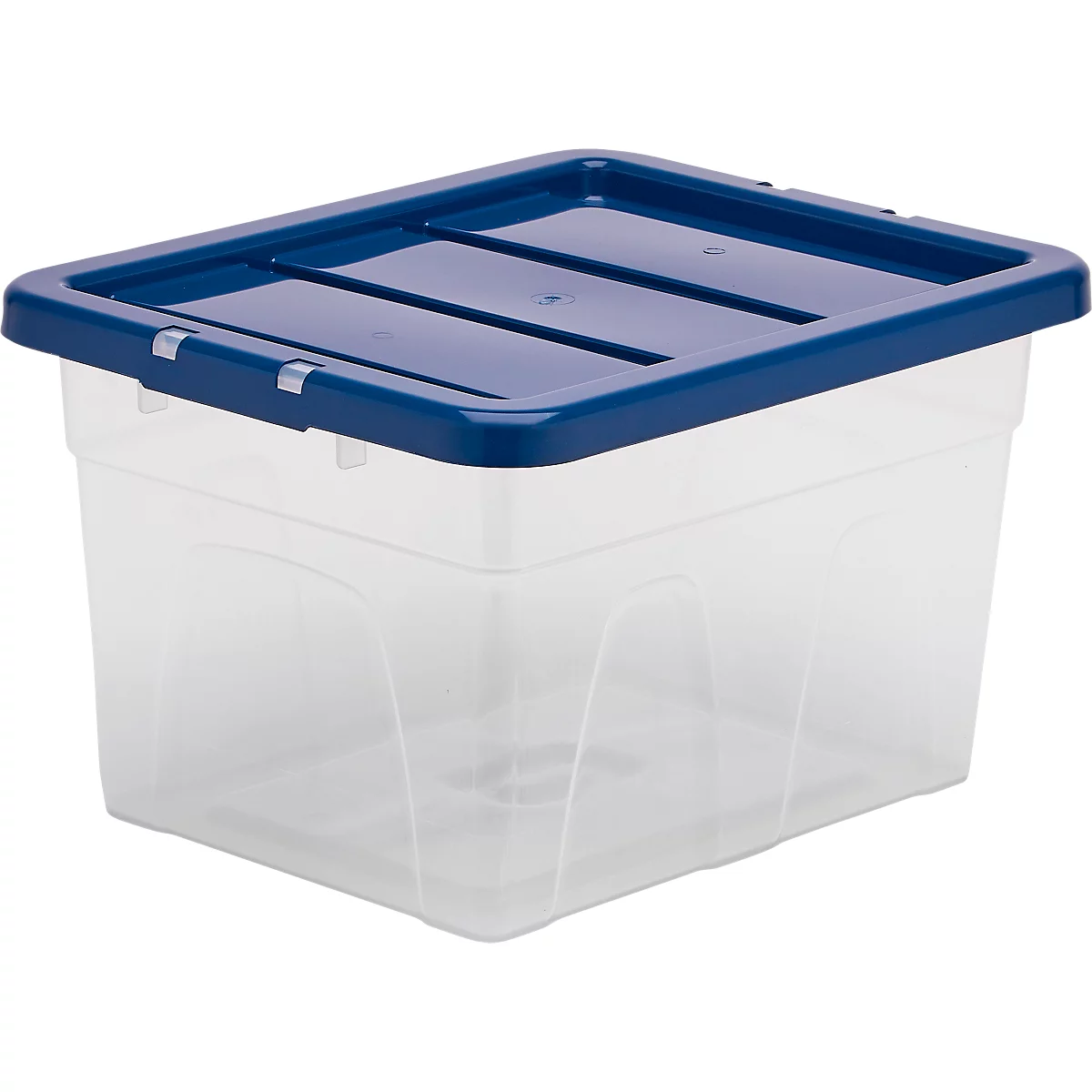 Boîte de rangement transparente avec couvercle bleu. Sur fond blanc.