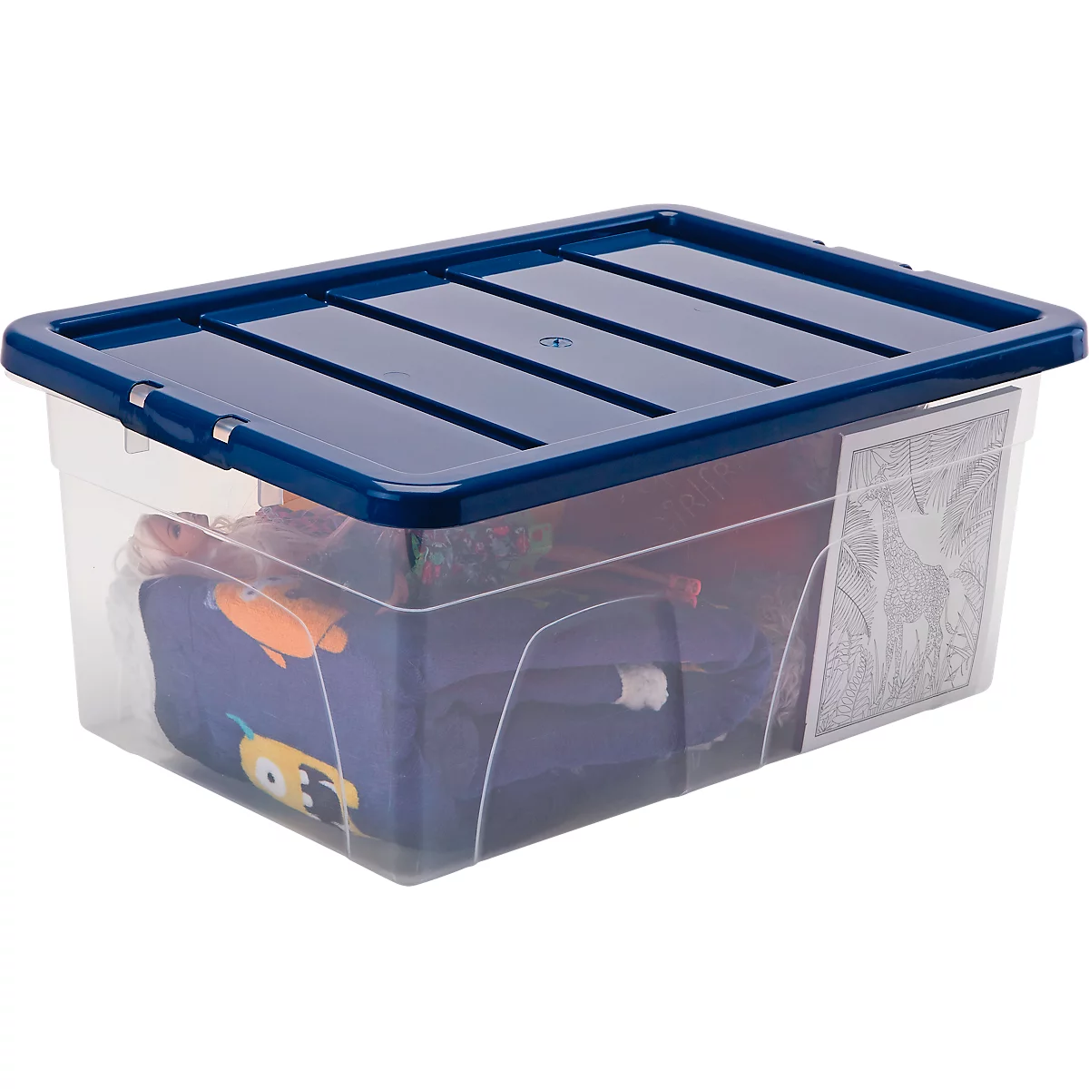Boîte de rangement transparente avec couvercle bleu, remplie d'objets.