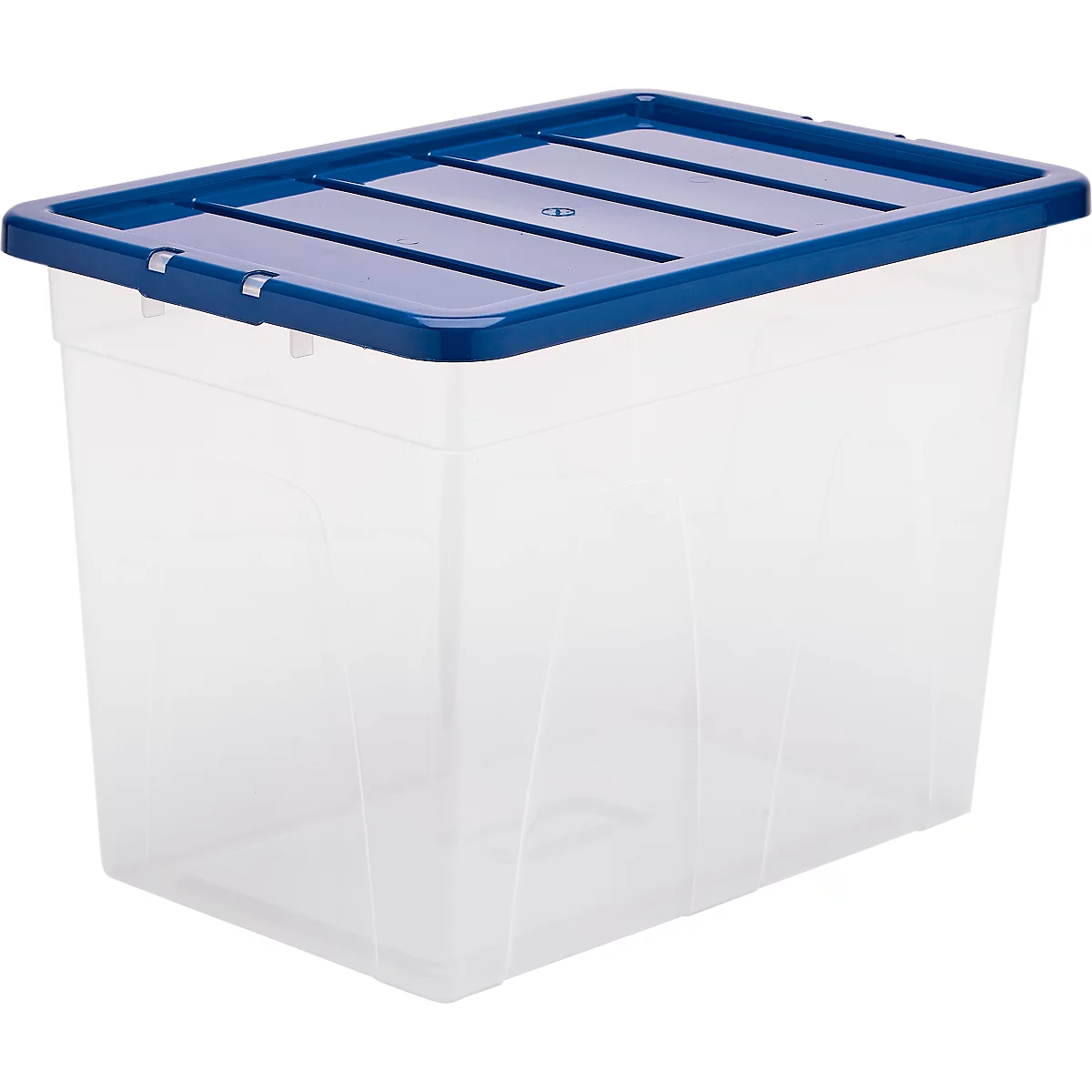 Boîte de rangement transparente avec couvercle bleu. Forme rectangulaire. La boîte est vide.