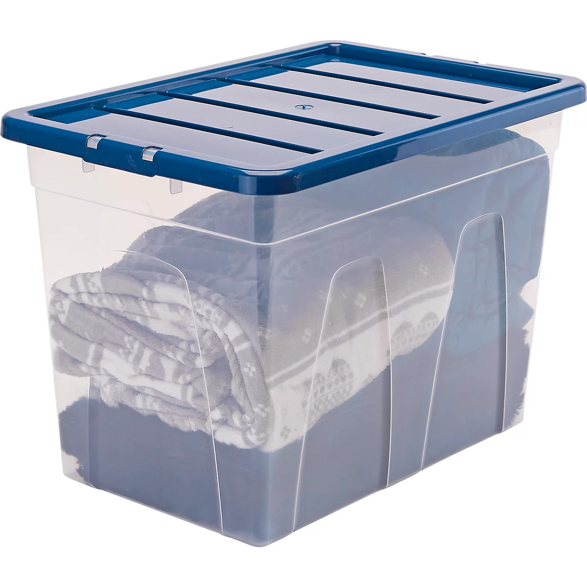 Boîte de rangement transparente avec couvercle bleu remplie de couvertures pliées.