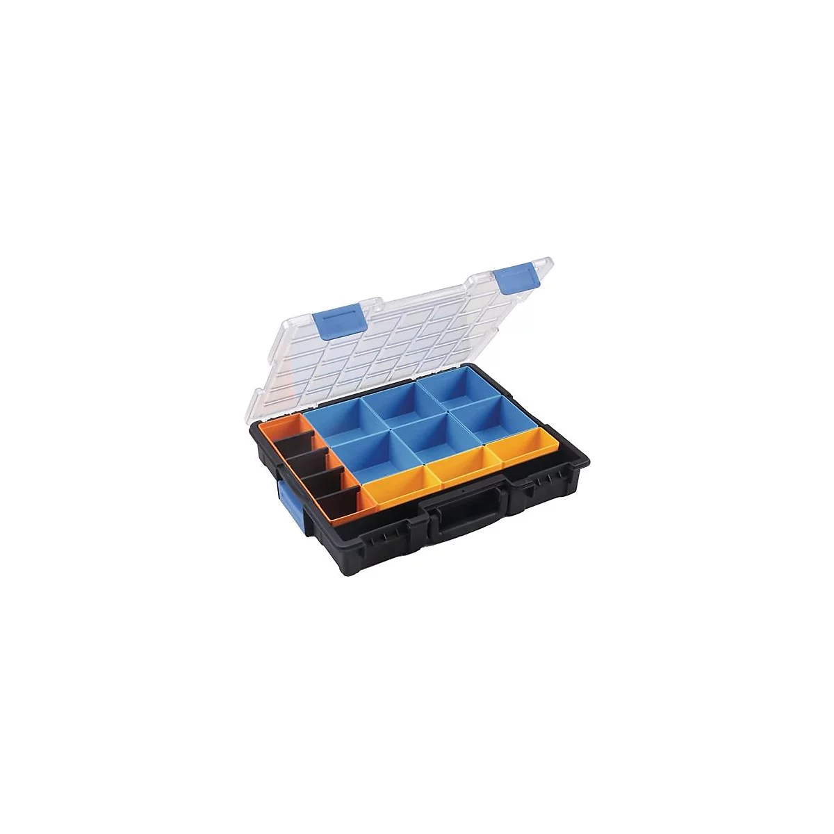 Boîte à outils ouverte avec compartiments bleus, oranges et noirs. Le couvercle est transparent.